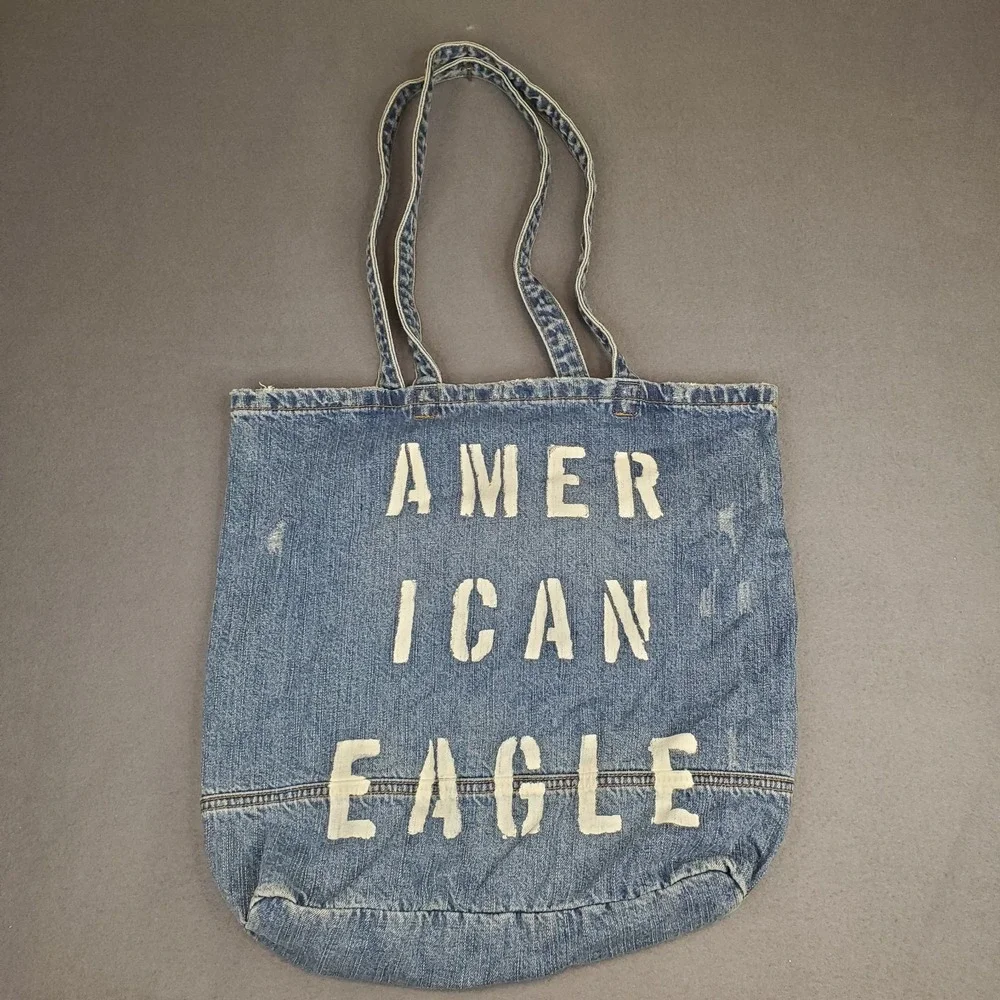 AMERICAN EAGLE Distressed Blue Jean Denim Shoulder Tote Bag Logo Spellout